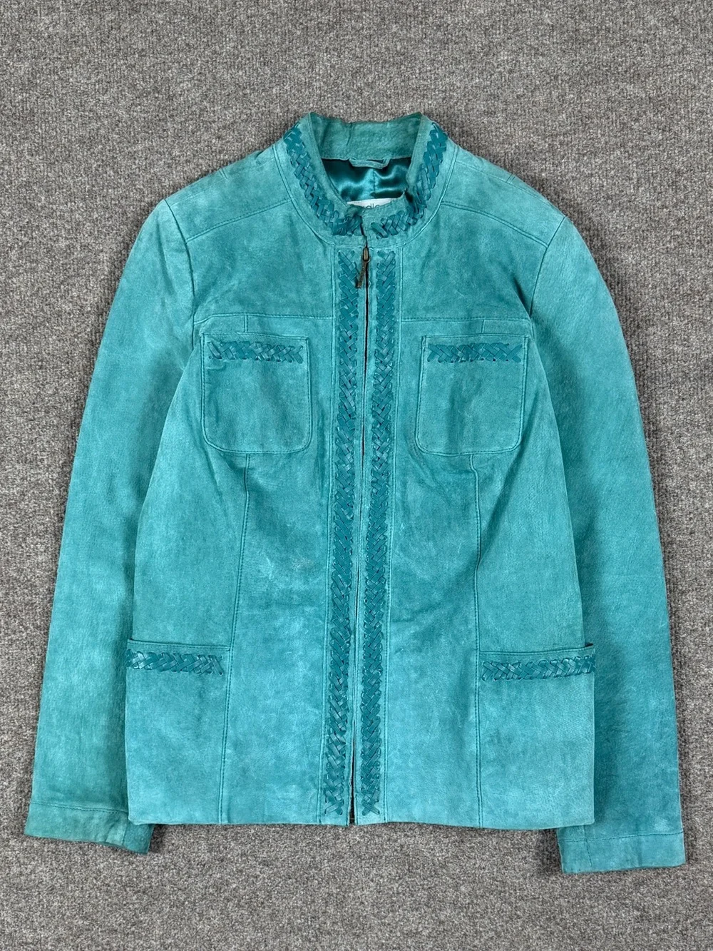 Y2K Bradley Teal Blue Suede Leather Jacket Women’s M Mandarin Collar Woven Trim - Picture 3 of 16